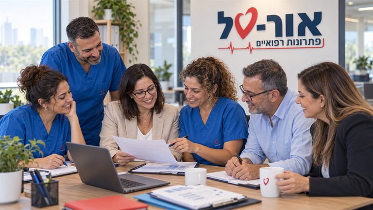 צוות אור-טל, אחיות ומטפלים, יחד סביב שולחן במשרד